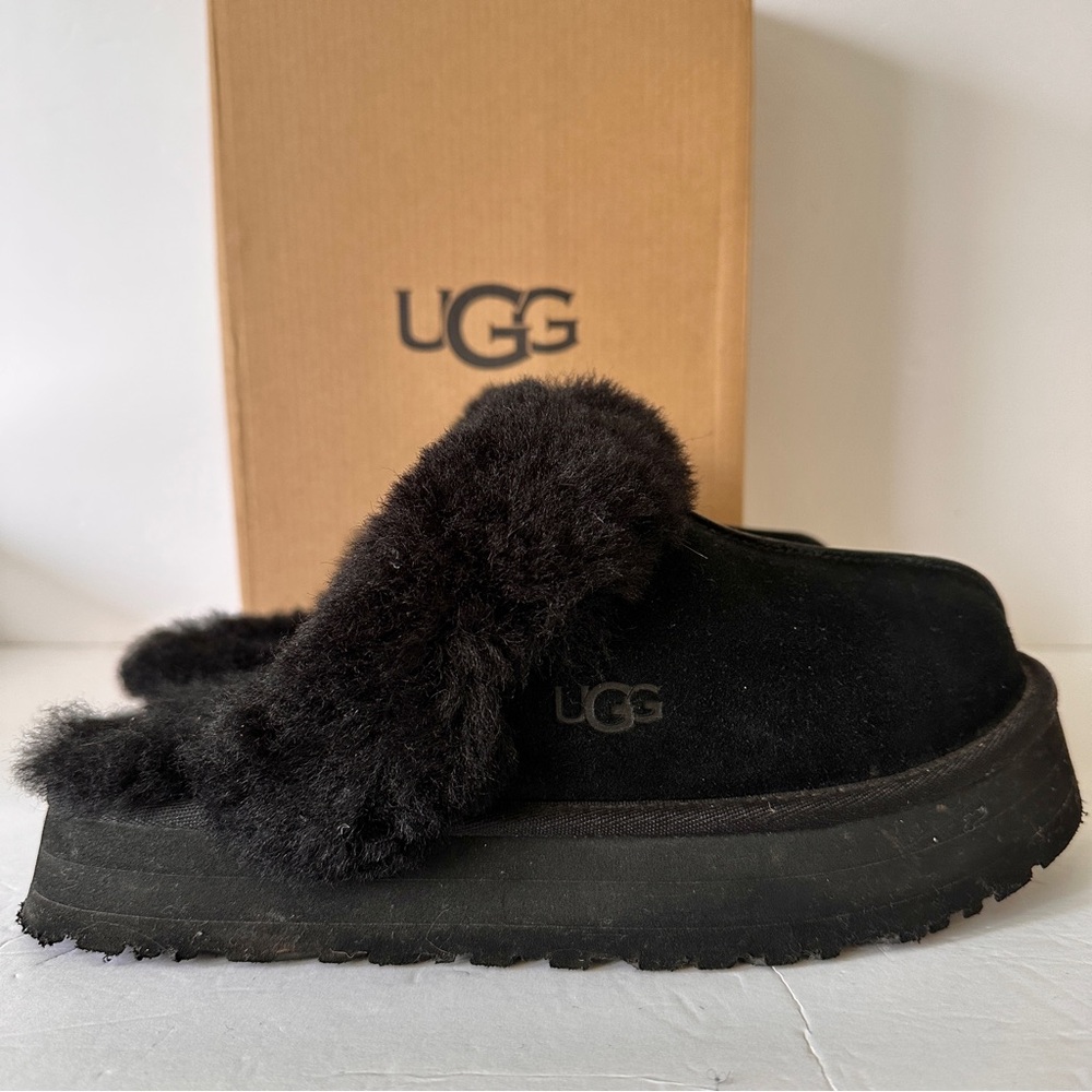 UGG Disquette Platform Slippers Sheepskin And Suede Women's Size 9 Black 1122550 - Picture 2 of 14